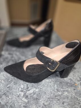Tommy Hilfiger Black Suede Mary Jane Block Heel Pumps with Buckle